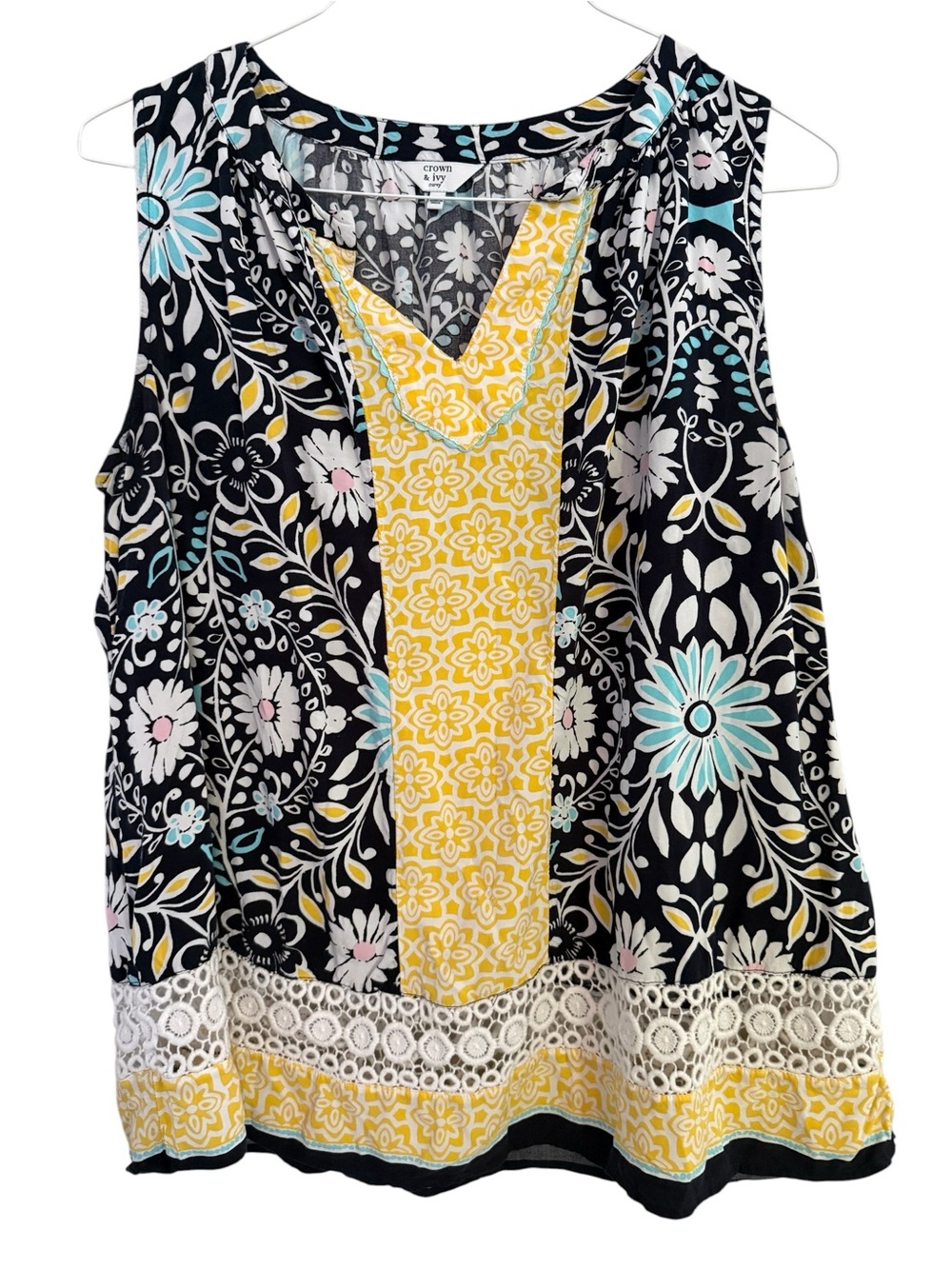 Crown & Ivy Sleeveless Floral Patchwork V-Neck Tank Top - Yellow & Black size 1X